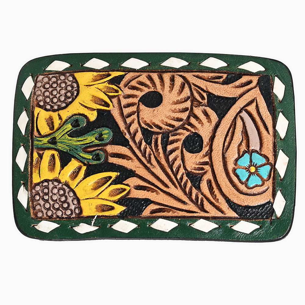 ADBLF133-BU Hand Tooled Leather Belt Buckle - Sunflower & Turquoise Floral Design with Green Border