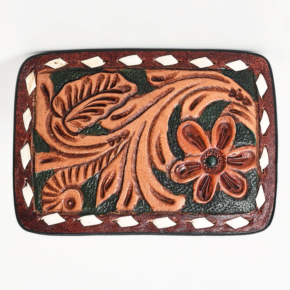 ADBLF137-BU Hand Tooled Leather Belt Buckle - Western Floral Scroll Design with Green Background and White Diamond Border