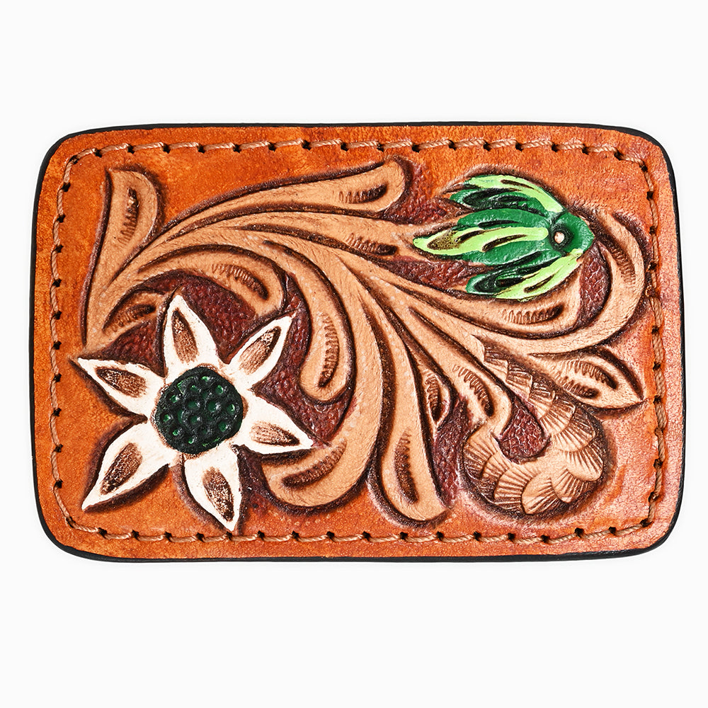 ADBLF138-BU Hand Tooled Leather Belt Buckle - White Flower & Scroll Design with Green Accents