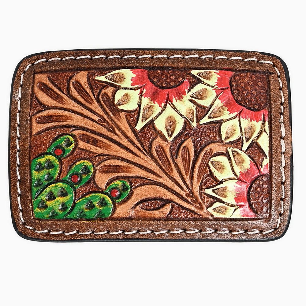 ADBLF141-BU Hand Tooled Leather Belt Buckle - Red-Tipped Sunflowers & Cactus Design with Western Scroll
