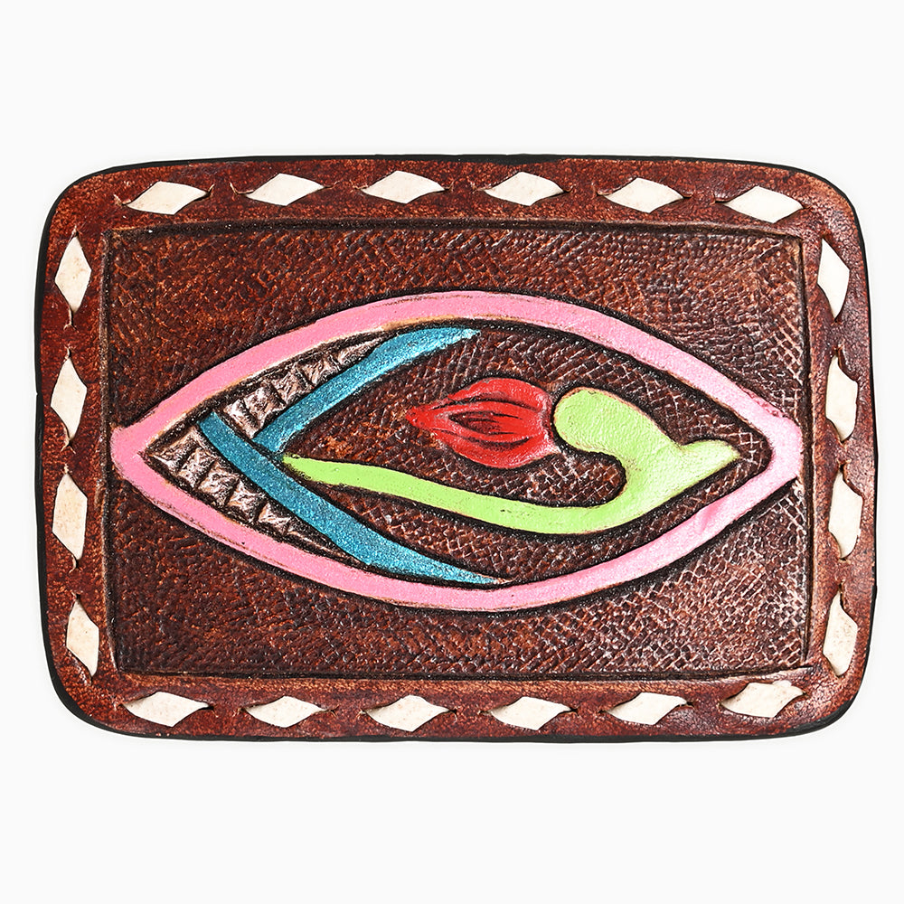ADBLF150-BU Tooled Leather Cardholder - Abstract Floral Motif in Neon Colors