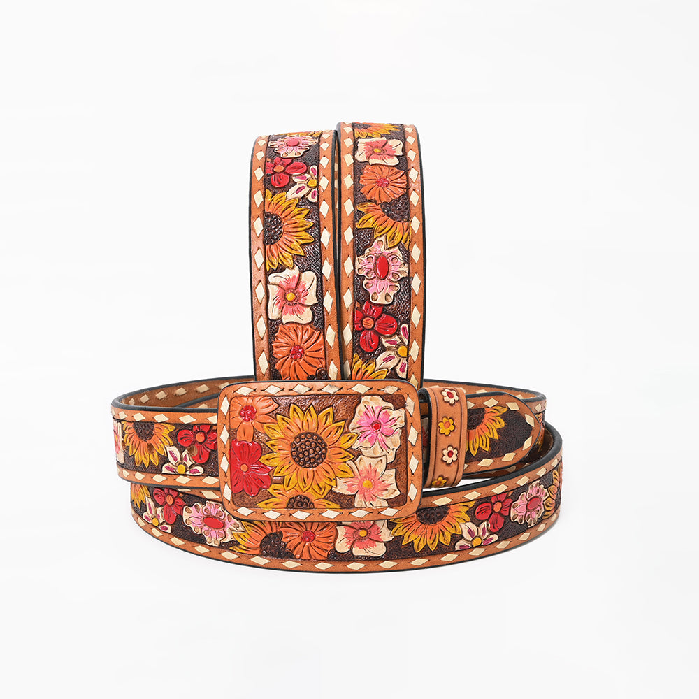 LC-ADBLF183 Colorful Handtooled Western Leather Belt - Wildflower Garden with Matching Buckle
