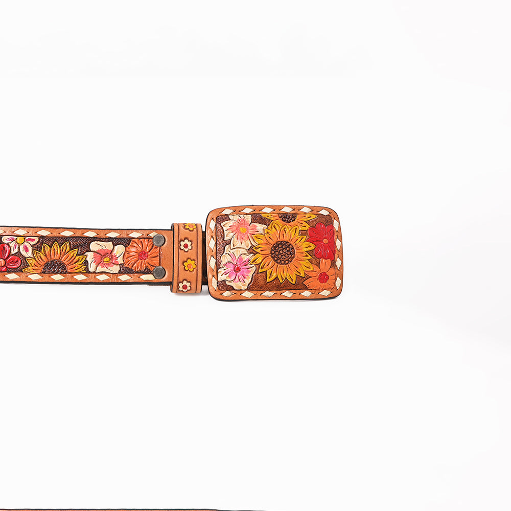 LC-ADBLF183 Colorful Handtooled Western Leather Belt - Wildflower Garden with Matching Buckle