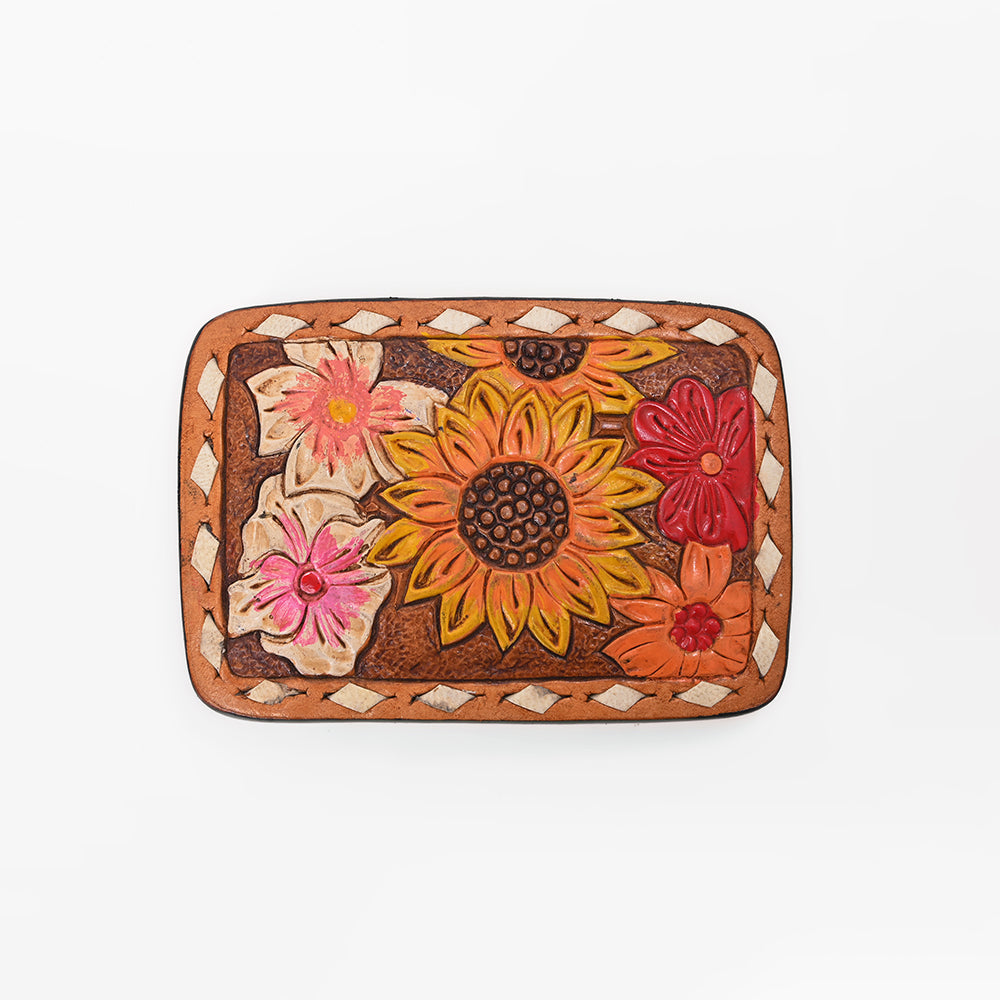 LC-ADBLF183 Colorful Handtooled Western Leather Belt - Wildflower Garden with Matching Buckle