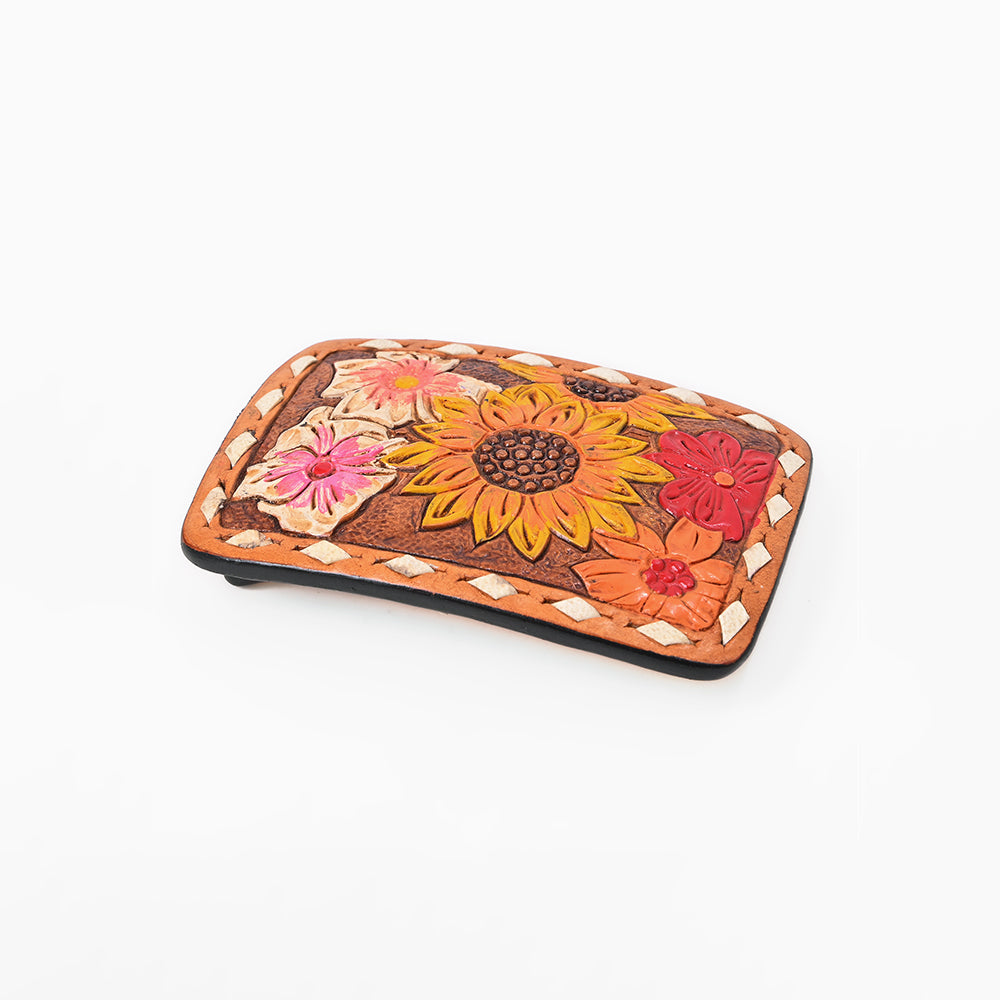 LC-ADBLF183 Colorful Handtooled Western Leather Belt - Wildflower Garden with Matching Buckle