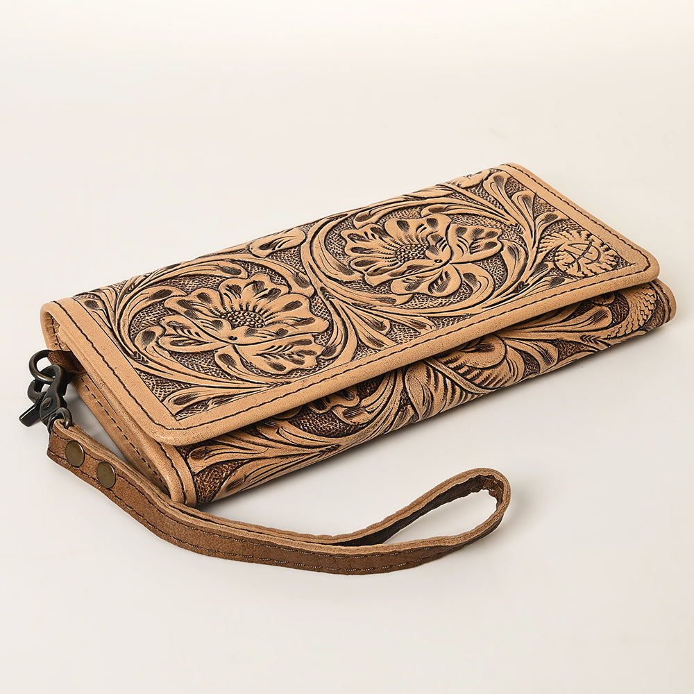 ADBG1311 American Darling Hand-Tooled Leather Trifold Wallet -Floral Carved Wristlet