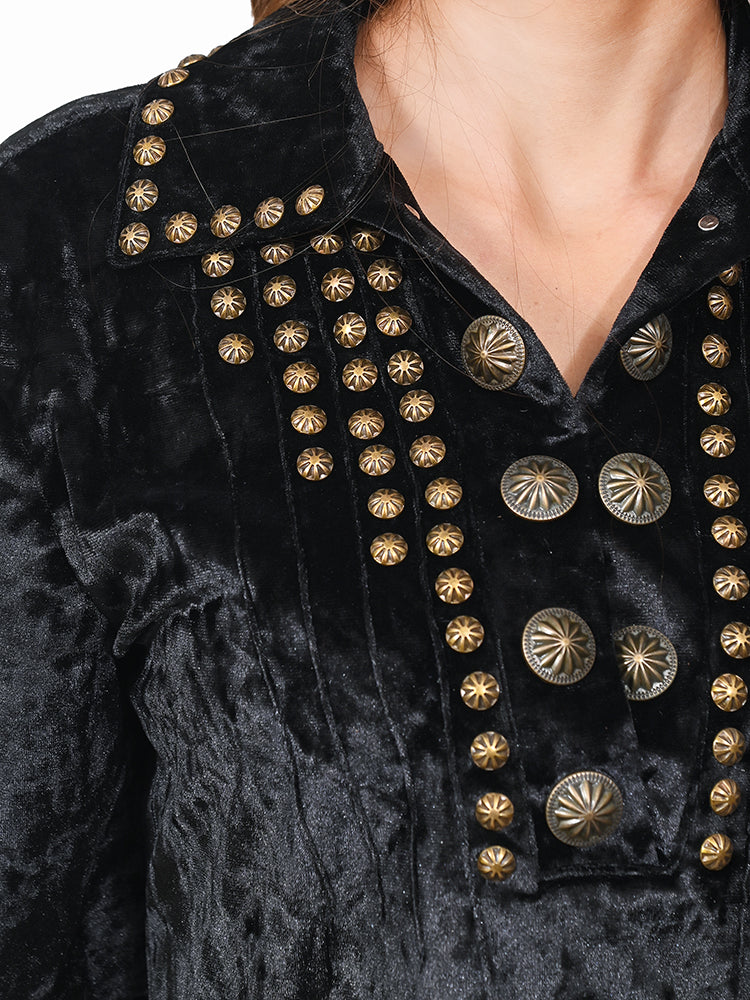 ADDR013 American Darling Black Velvet Fabric Dress Studded Concho Western Tunic Top