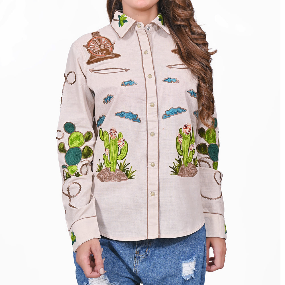 ADSH053 American Darling Light Beige Western Apparel - Embroidered Cotton Linen Desert Motif Shirt