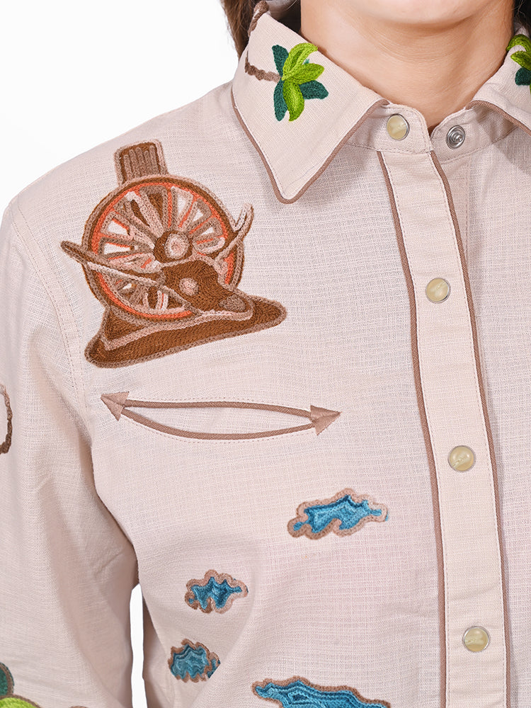 ADSH053 American Darling Light Beige Western Apparel - Embroidered Cotton Linen Desert Motif Shirt