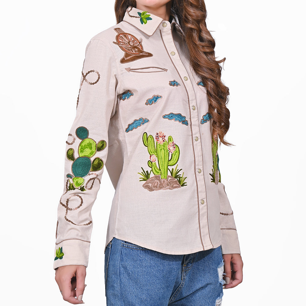 ADSH053 American Darling Light Beige Western Apparel - Embroidered Cotton Linen Desert Motif Shirt