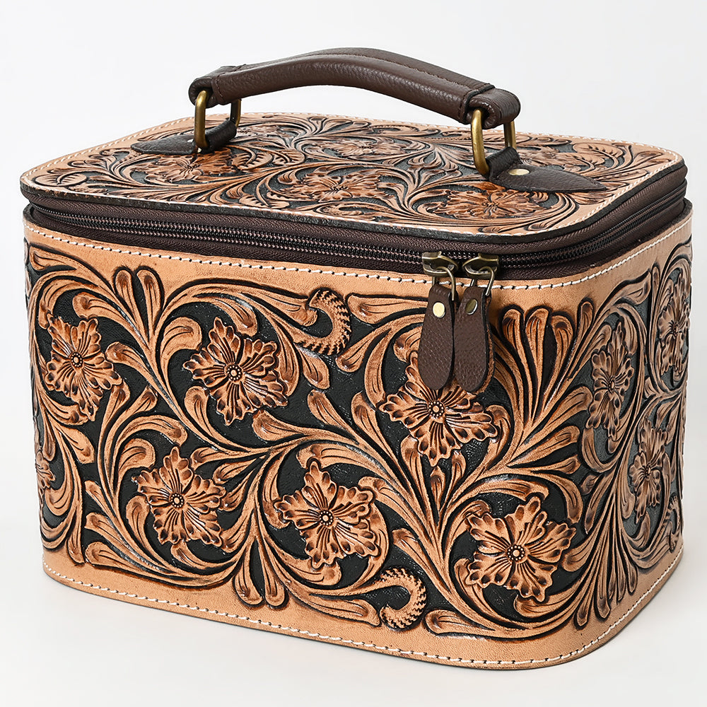 ADBGA576 Hand-Tooled Leather Jewelry Case with Zip Closure and Top Handle