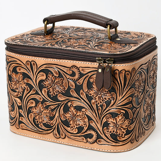 ADBGA576 Hand-Tooled Leather Jewelry Case with Zip Closure and Top Handle