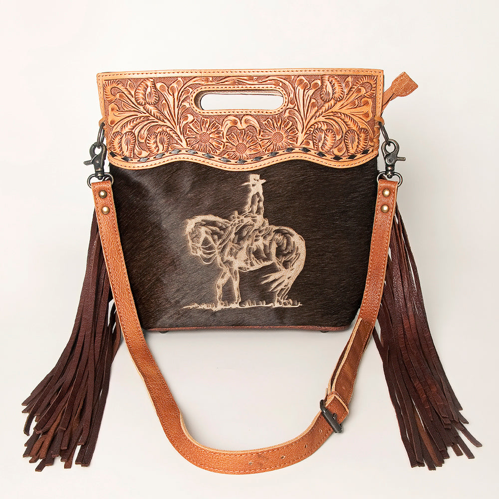 ADBGS146 Engraved Cowhide & Tooled Leather Shoulder Bag - Western Fringe Crossbody