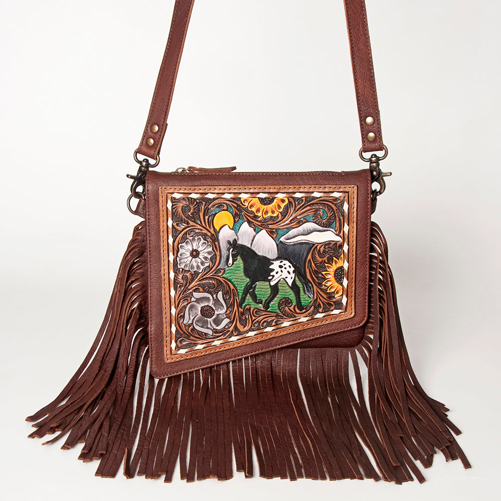 ADBG841 American Darling Western Small Cross body Bag Hand Tooled Floral with Fringes