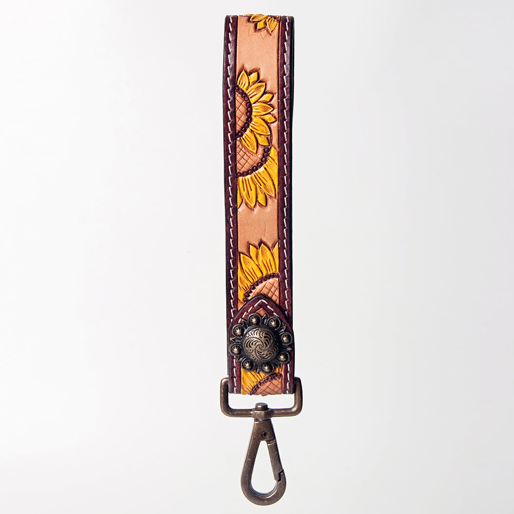 ADBRF132 Hand Tooled Leather Sunflower Wristlet Keychain - Western Style with Concho Accent