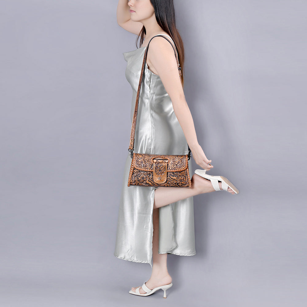 ADBG1134 American Darling Hand Tooled Floral Leather Wallet Bag Clutch & Crossbody Handbag