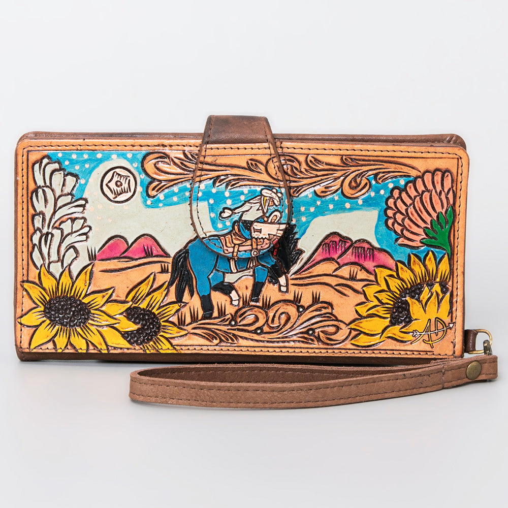 ADBGM103 Western Floral Tooled Leather Wristlet with Handcrafted Rodeo Art
