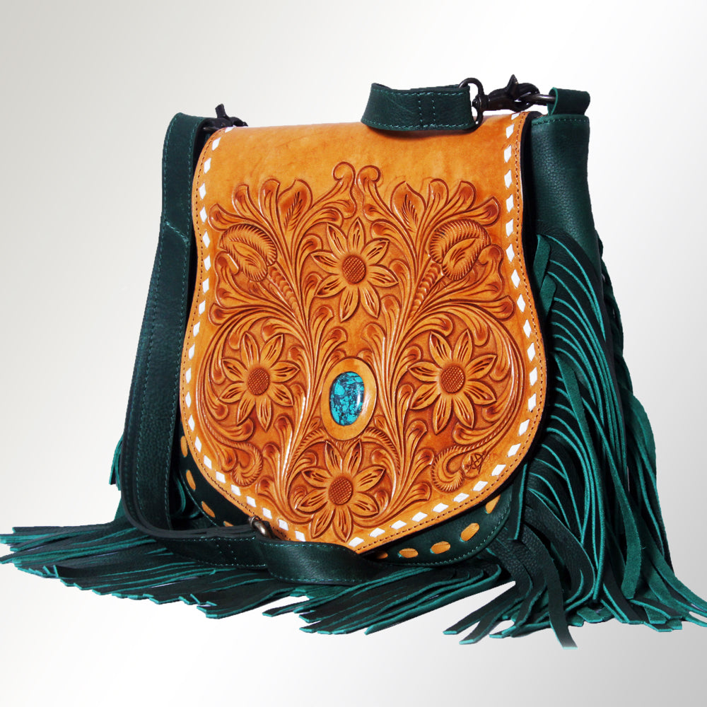 LC-ADBGZ483 Tan & Green Tooled Leather Messenger Bag - Floral Design with Turquoise Accent and Fringe