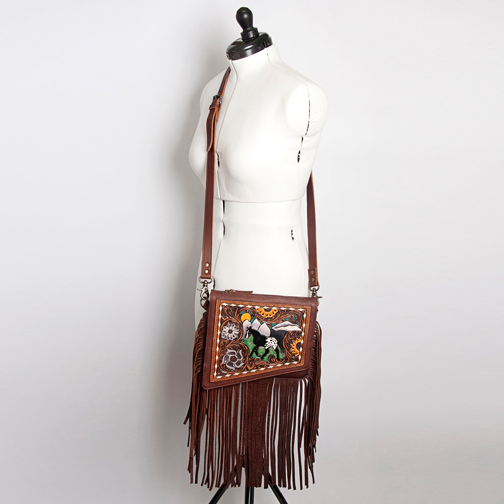 ADBG841 American Darling Western Small Cross body Bag Hand Tooled Floral with Fringes