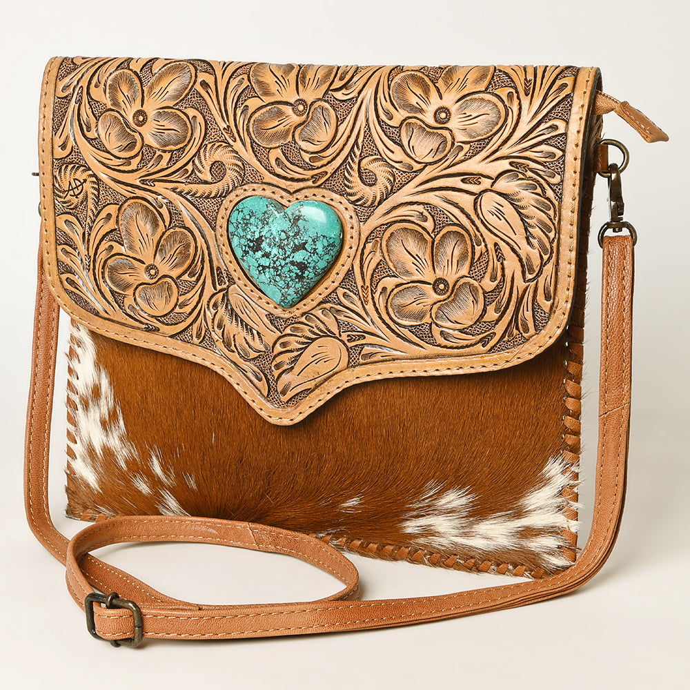ADBG1389 American Darling Western Leather Crossbody with Hair-On Cowhide & Hand-Tooled Floral Detail