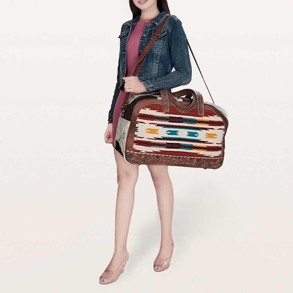 ADBG946 American Darling Handcrafted Western Leather Duffel with Hand Woven Saddle Blanket & Cowhide