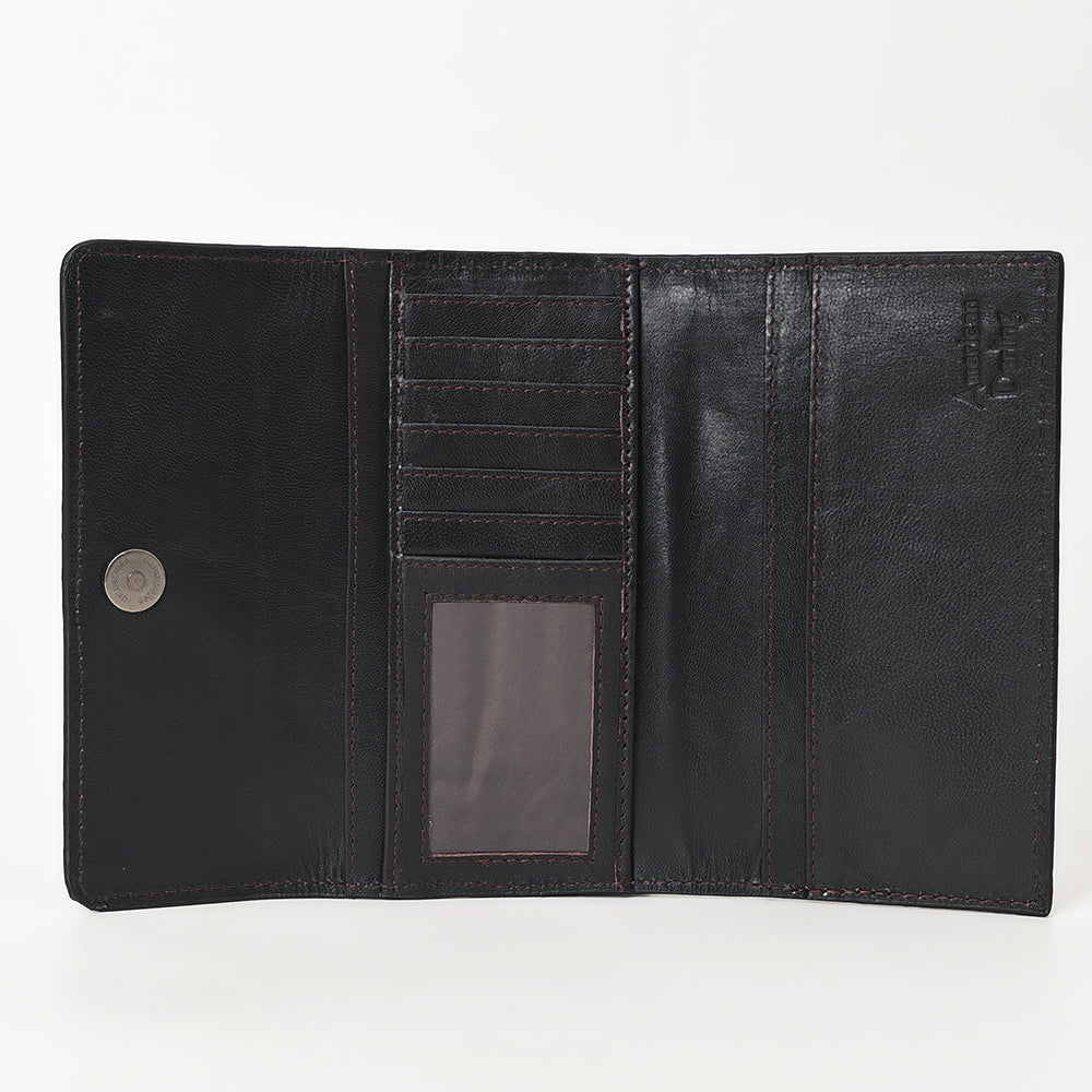 ADBGZ736D Black Hand Tooled Leather Tri-Fold Wallet - Western Cowgirl Floral Design