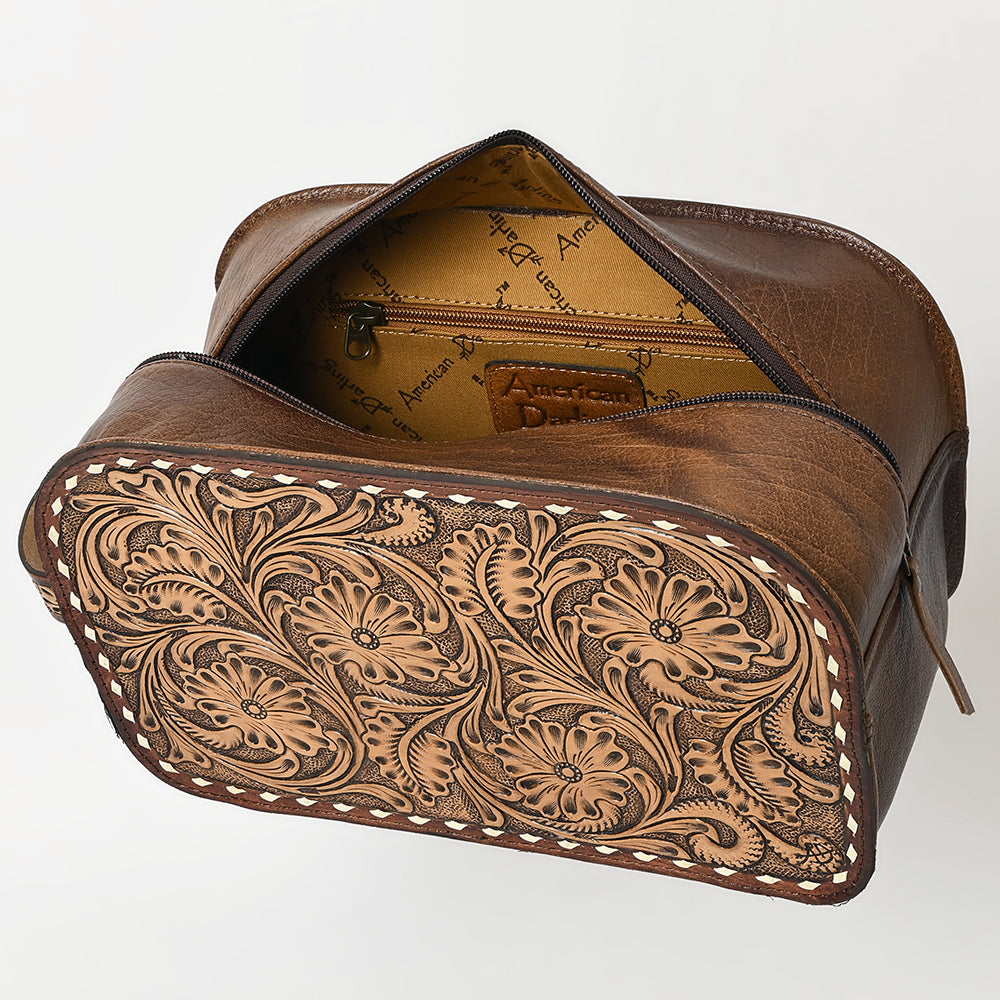 ADBG1509 American Darling Hand-Tooled Western Leather Toiletry Bag - Genuine Floral Carved Travel Case