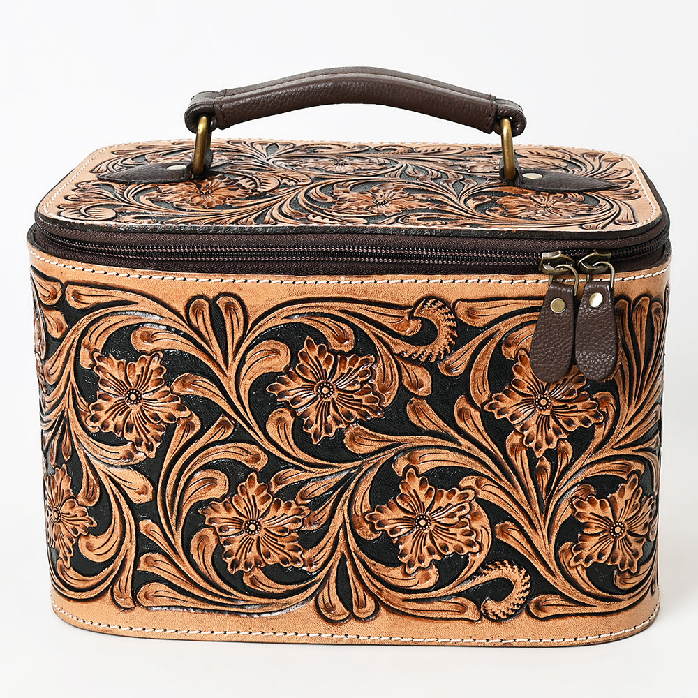 ADBGA576 Hand-Tooled Leather Jewelry Case with Zip Closure and Top Handle