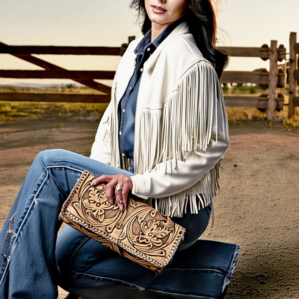 ADBG1105 American Darling Western Hand-Tooled Leather Wristlet Handbag Premium Floral Carved Women Purse