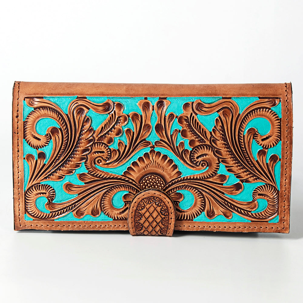 ADBGZ402 Tooled Leather Women Wallet with Turquoise Inlay - Western Floral Bifold Clutch