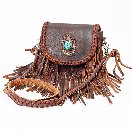 ADBGM338 Fringe Leather Crossbody Bag with Turquoise Concho - Small Western Braided Flap Purse