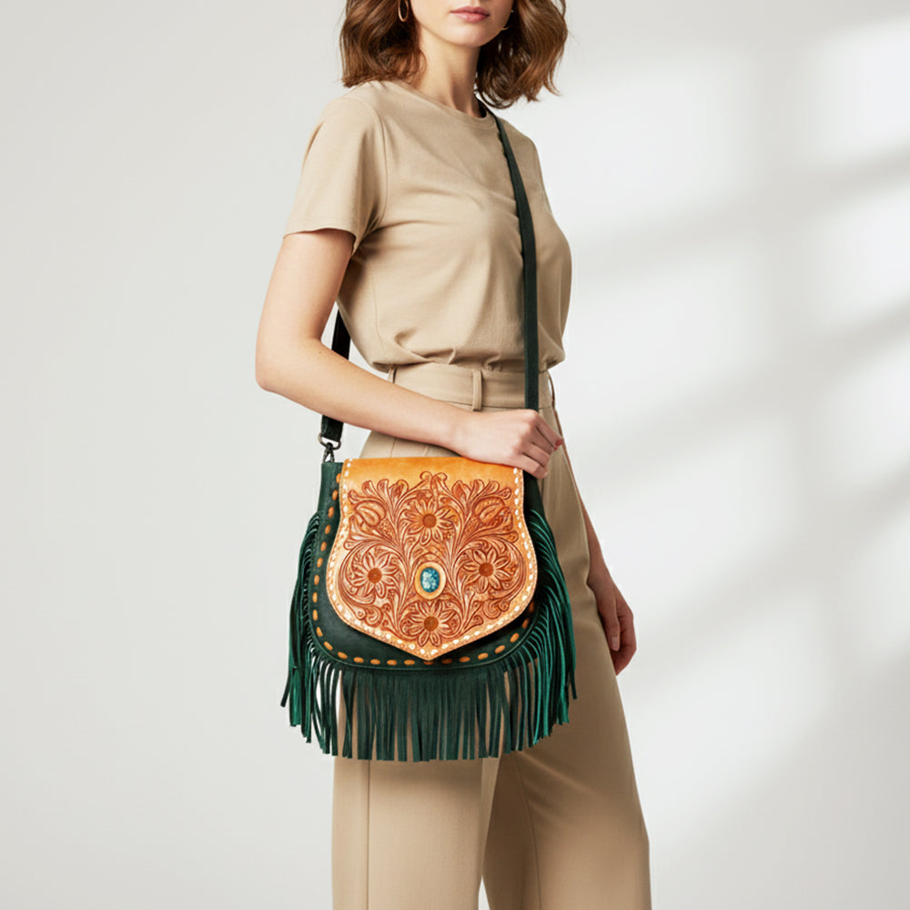 LC-ADBGZ483 Tan & Green Tooled Leather Messenger Bag - Floral Design with Turquoise Accent and Fringe