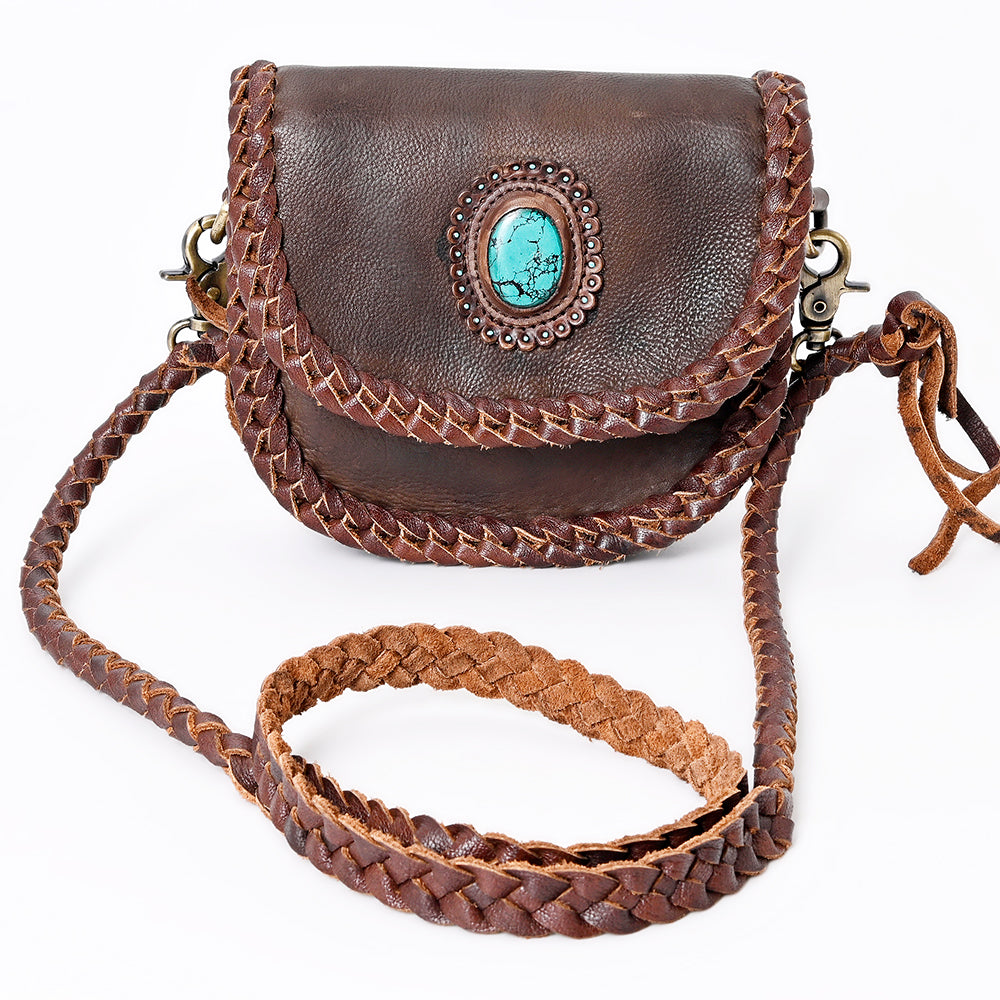 ADBGM338 Braided Leather Crossbody Bag with Stone Accent and Flap Closure