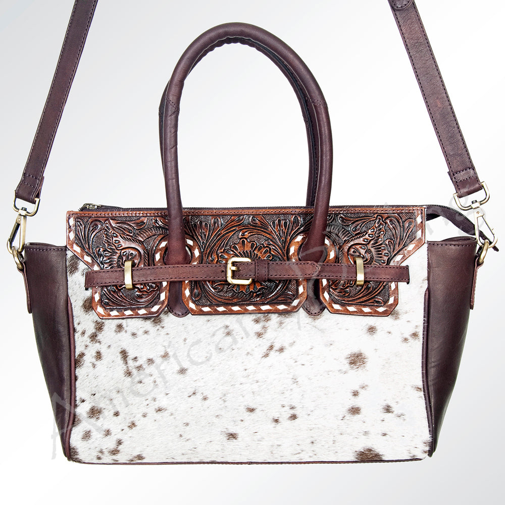 ADBGI151 Studded Hair-On Hide Tooled Leather Satchel - Western Cowgirl Handbag