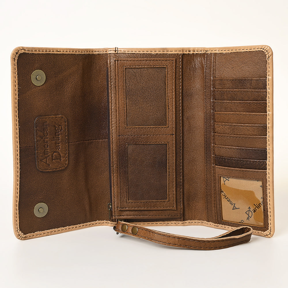 ADBG1311 American Darling Hand-Tooled Leather Trifold Wallet -Floral Carved Wristlet
