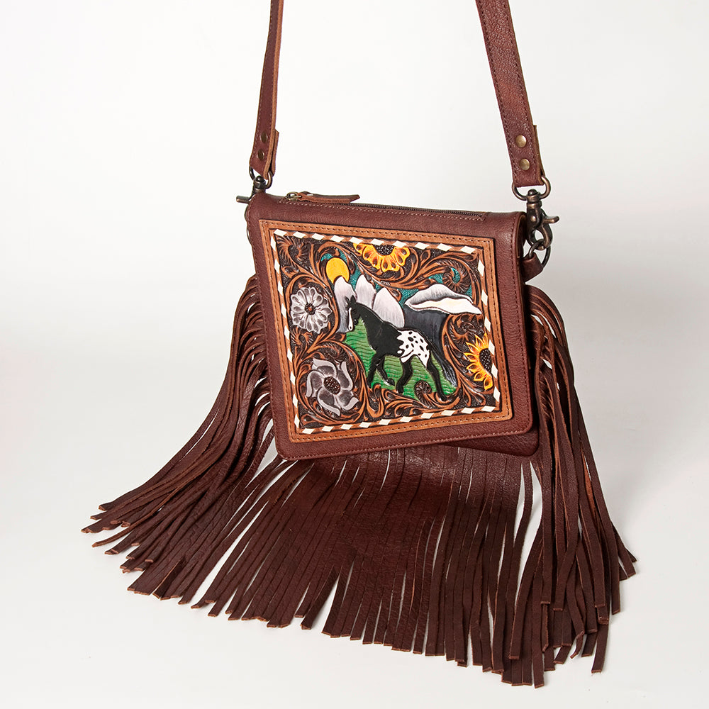 ADBG841 American Darling Western Small Cross body Bag Hand Tooled Floral with Fringes
