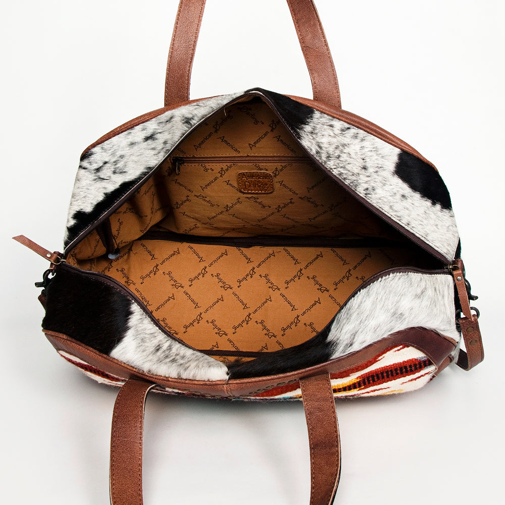 ADBG946 American Darling Handcrafted Western Leather Duffel with Hand Woven Saddle Blanket & Cowhide