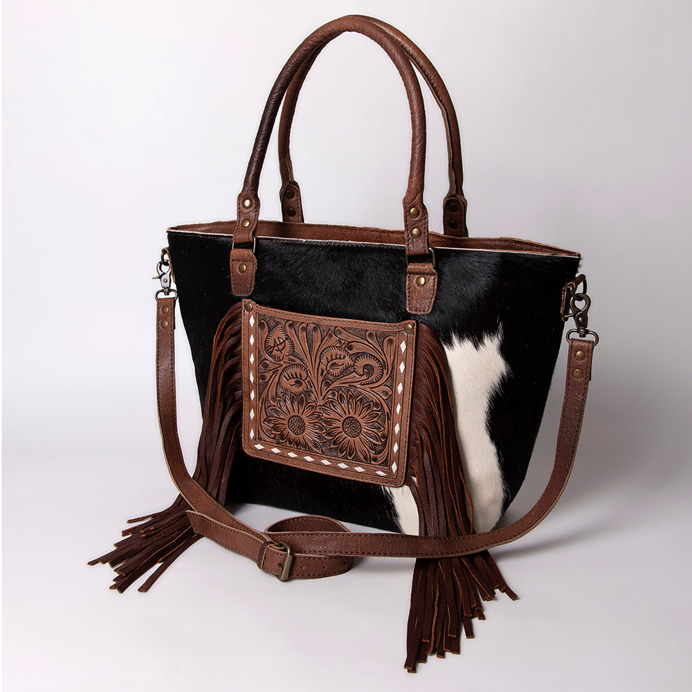 ADBG663 American Darling Hand Tooled Floral & Hair-On Cowhide Western Leather Tote Bag