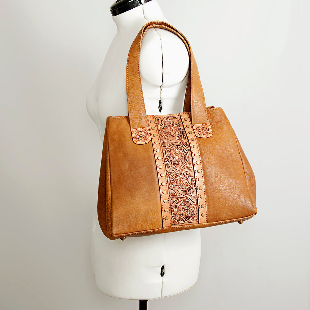ADBGA196 American Darling Handcrafted Tooled Floral Genuine Leather Tote Bag