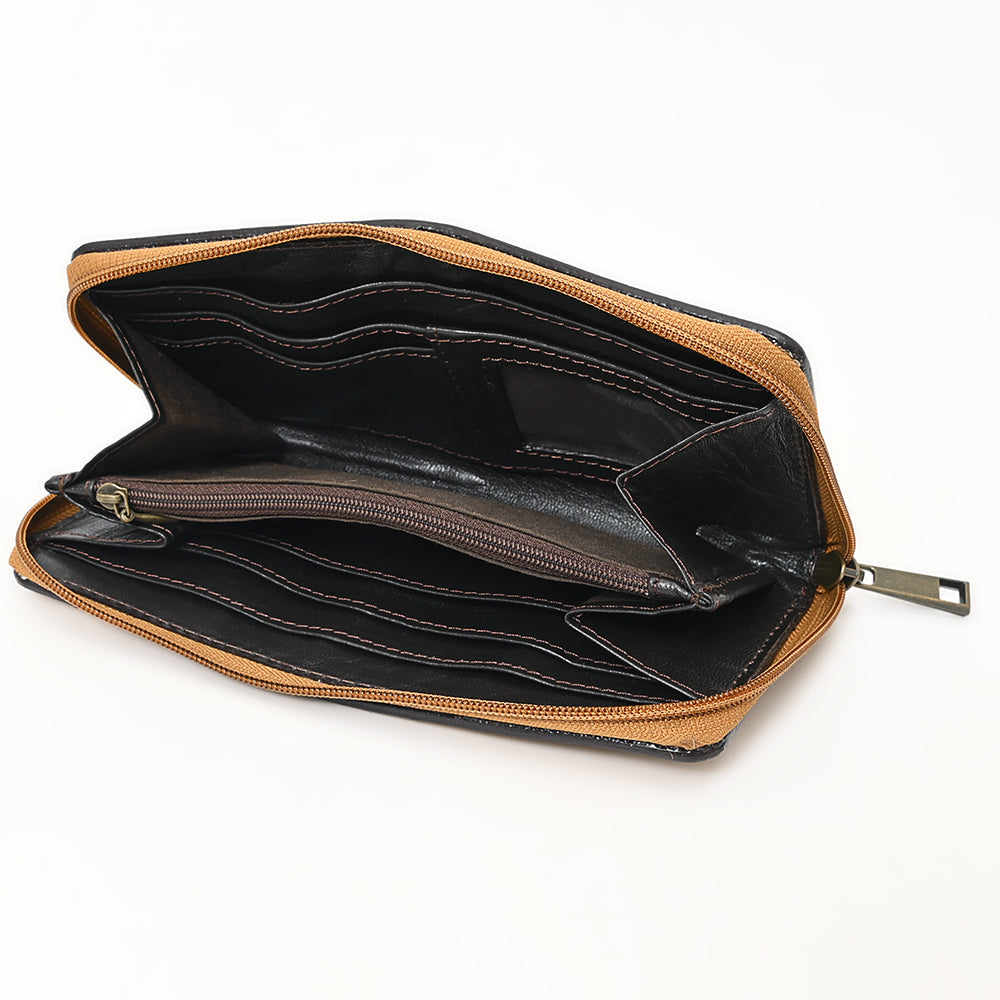ADBGZ810 Hand-Tooled Leather Wallet - Western Floral Zip Wallet with Inlay