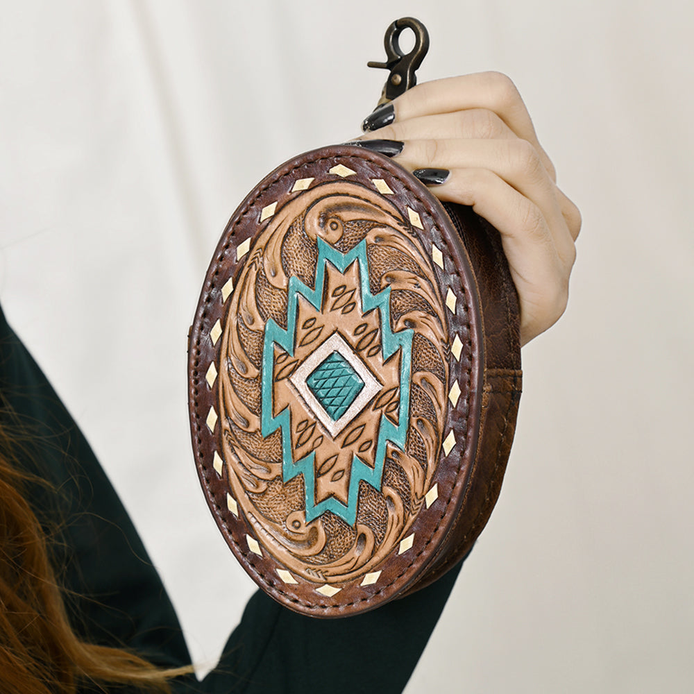 ADBG1411 American Darling Western Genuine Leather Hand-Tooled Wristlet Bag with Buckstitch Detailing
