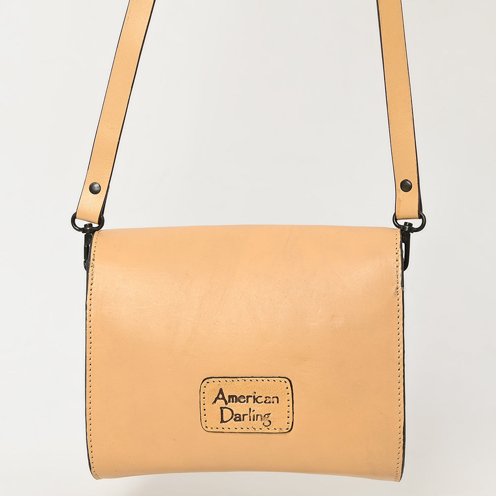 ADBGZ693 Hand-Tooled Leather Western Crossbody Bag - Floral Carving in Natural Tan