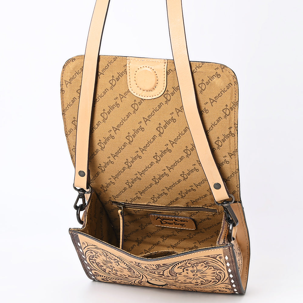ADBGZ693 Hand-Tooled Leather Western Crossbody Bag - Floral Carving in Natural Tan