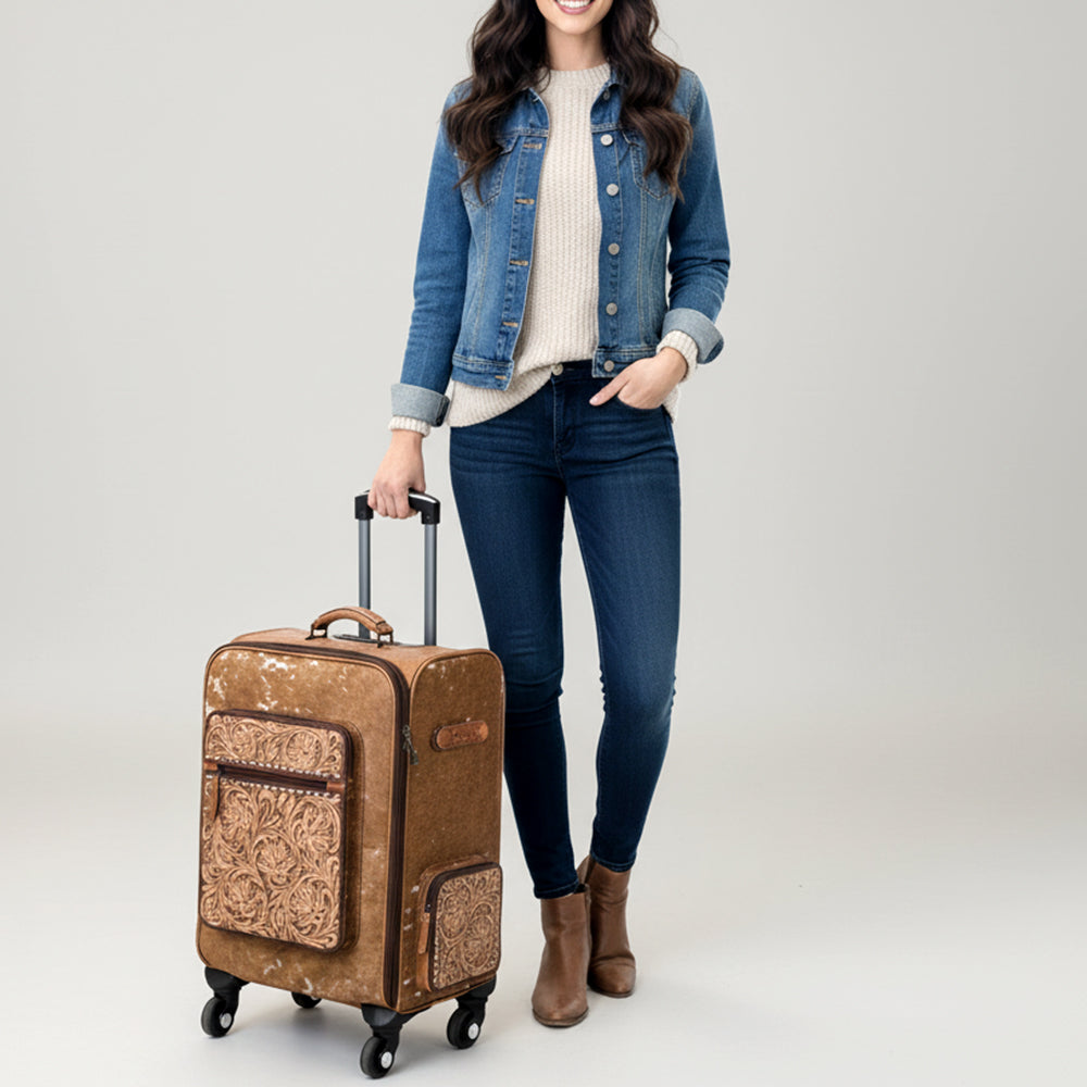 ADBG1638 American Darling Western Leather Travel Case with Hair-On Cowhide and Hand-Tooled Accents