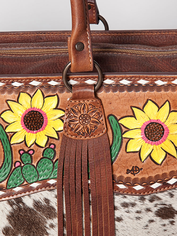 LC-ADBGZ200E Cowhide & Hand-Painted Sunflower Tooled Leather Tote - Western Shoulder Bag with Strap