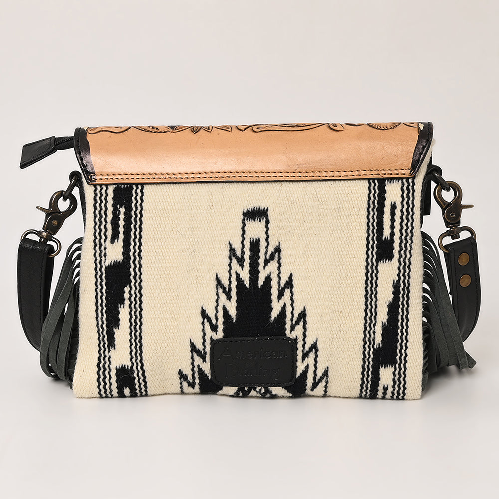 ADBG587 Western Tooled Leather Crossbody Bag with Fringe and Woven Fabric