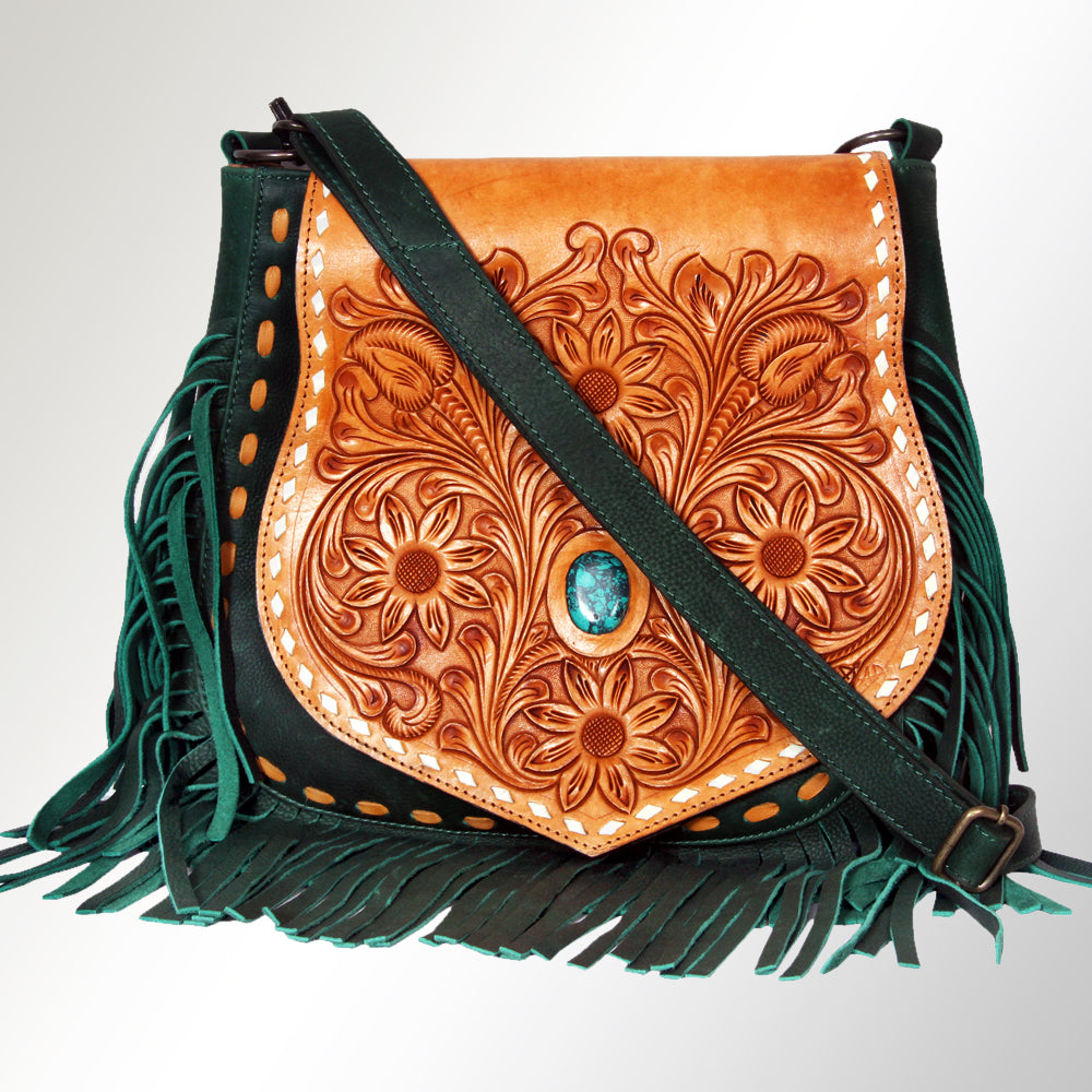LC-ADBGZ483 Tan & Green Tooled Leather Messenger Bag - Floral Design with Turquoise Accent and Fringe