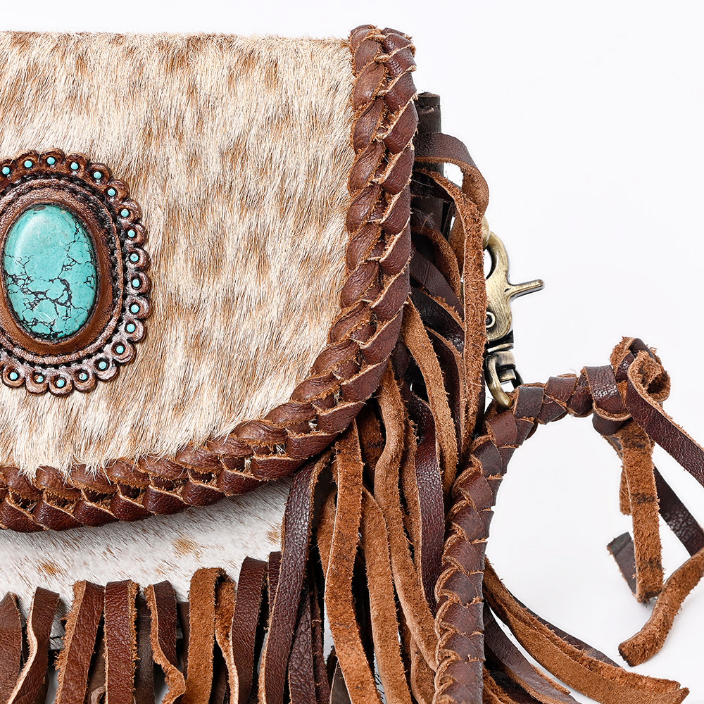 ADBGM338 Spotted Cowhide Fringe Crossbody Bag with Turquoise Concho - Small Western Braided Flap Purse