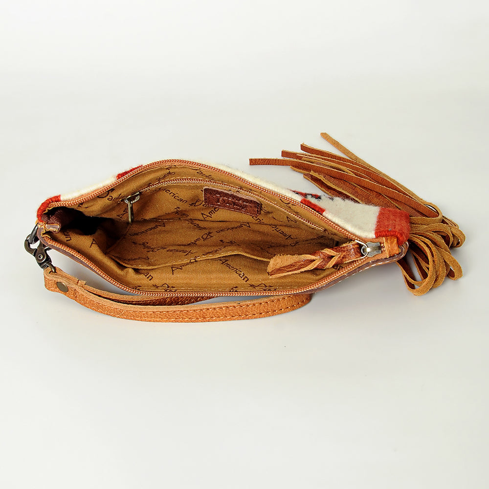 ADBG344 American Darling Aztec Saddle Blanket Tooled Leather Fringe Wristlet Clutch