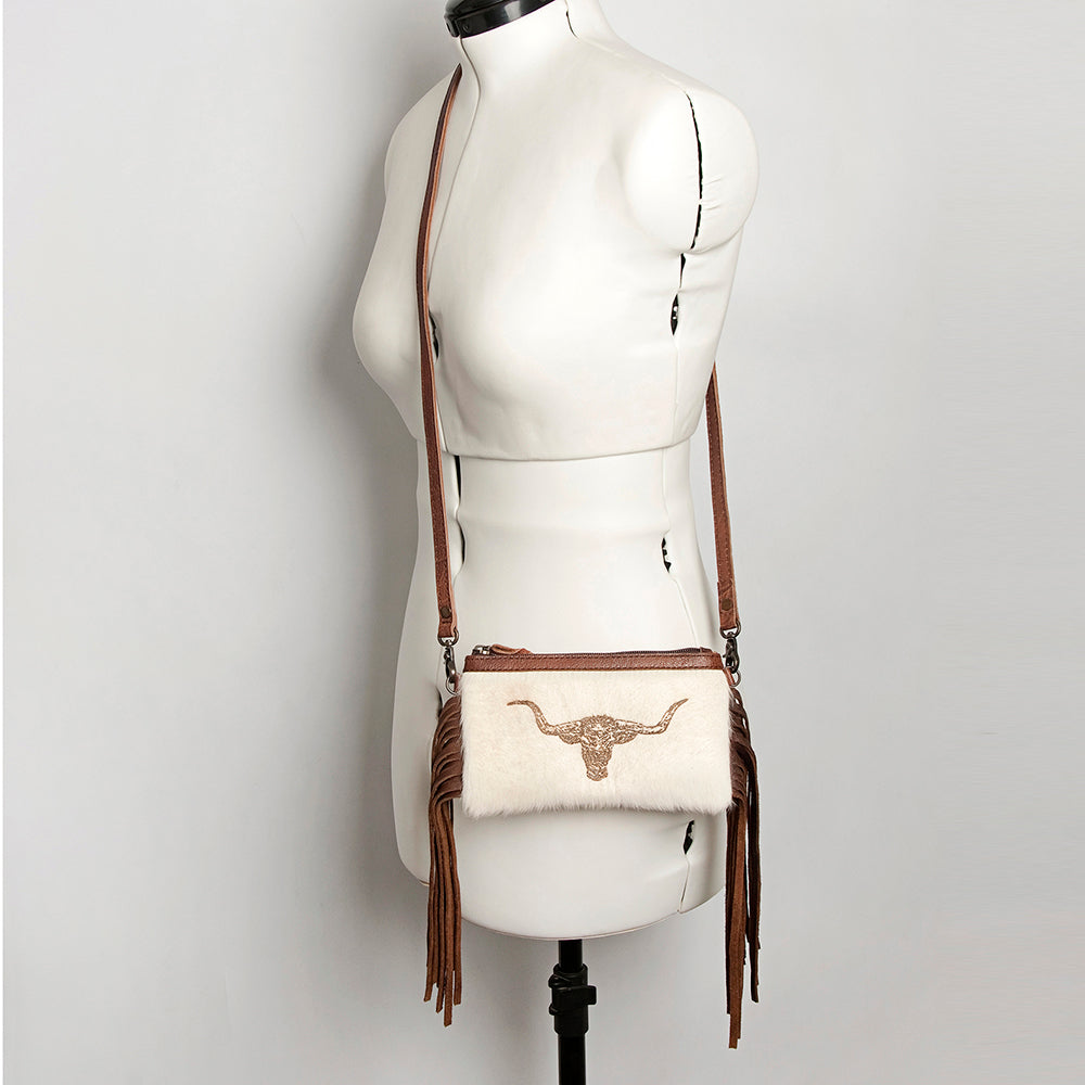 LC-ADBGS142 Western Rodeo Crossbody - Hair-On Leather Bag with Steer Wrestling Print & Fringe